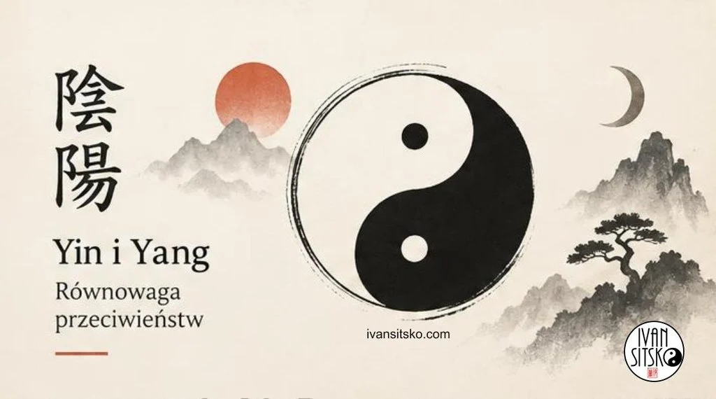 Symbol yin-yang namalowany tuszem między słońcem a księżycem, z chińskimi znakami i napisem „Yin i Yang – Równowaga przeciwieństw”.