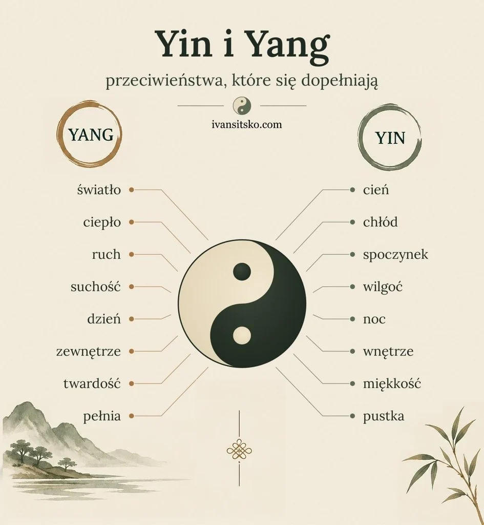 Grafika „Yin i Yang – przeciwieństwa, które się dopełniają”: w centrum symbol taiji, po lewej cechy Yin (cień, chłód, spoczynek, wilgoć, noc, wnętrze, miękkość, pustka), po prawej cechy Yang (światło, ciepło, ruch, suchość, dzień, zewnętrze, twardość, pełnia), w tle pejzaż górski i gałązka bambusa.